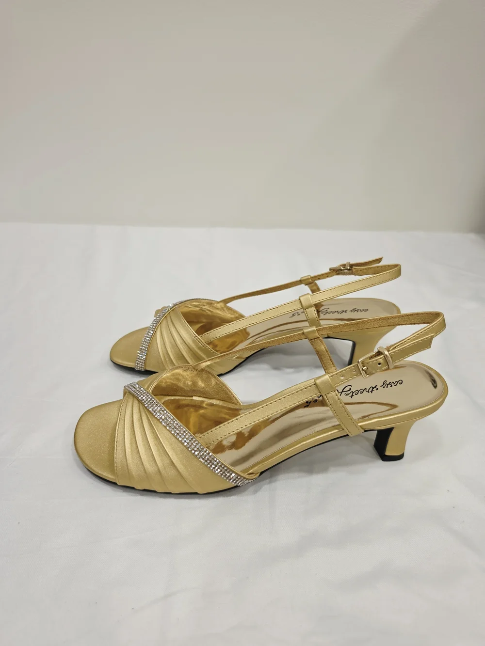easy street Gold Satin Delite Slingback Heels with Rhinestone Band